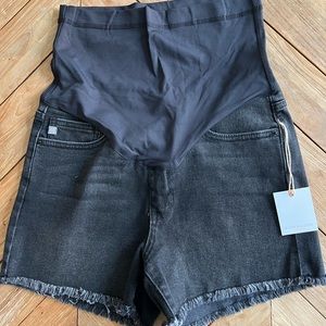 PinkBlush Maternity Black Fringe Hem Denim Shorts, Size Medium